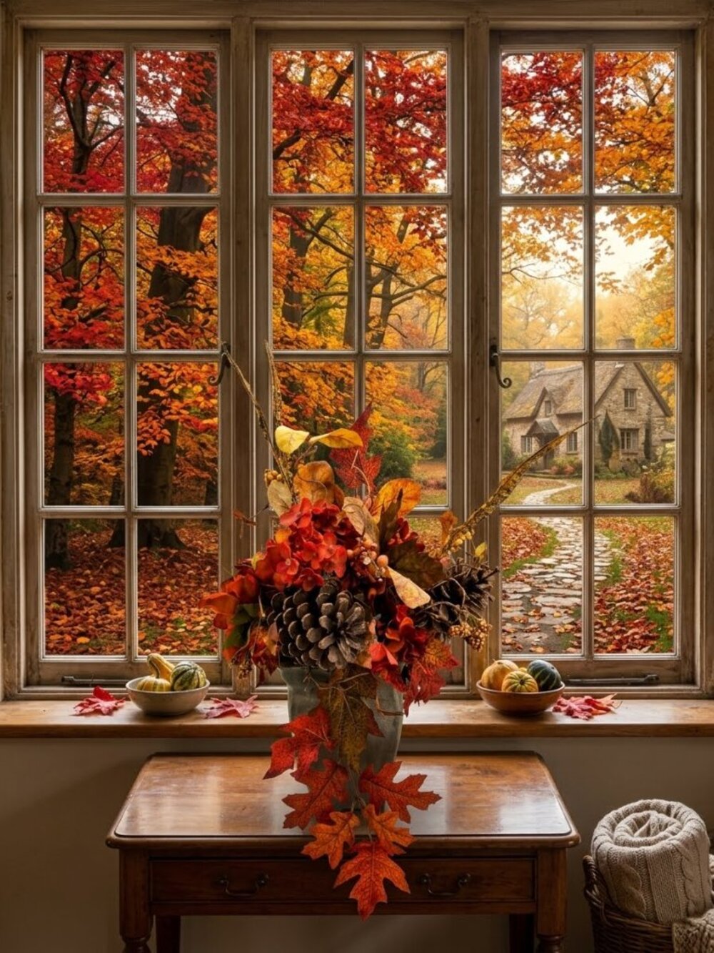 Autumn Harvest Fall Floral Arrangement Pinecone Feathers Planter